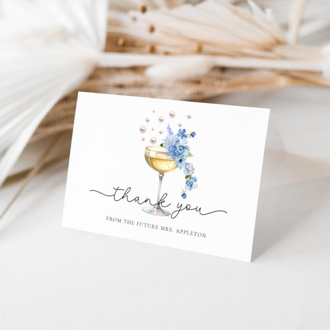 Blue Wildflower Pearls & Prosecco Bridal Shower Thank You Card (Creator Uploaded)