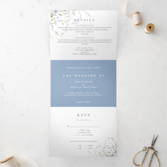 Blue Wildflower Periwinkle Wedding All In On Tri-Fold Invitation (Inside)