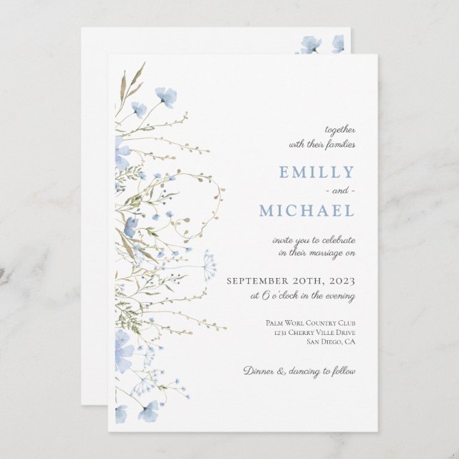Blue Wildflower Periwinkle Wedding Invitation (Front/Back)