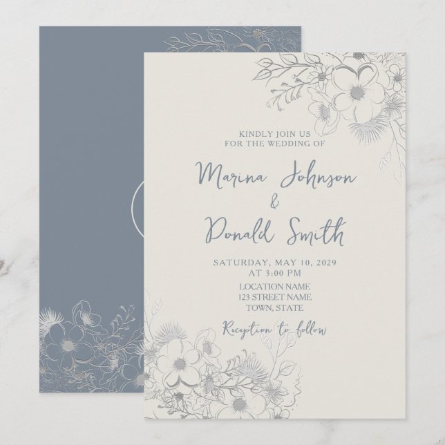 Blue Wildflower Periwinkle Wedding Invitation (Front/Back)