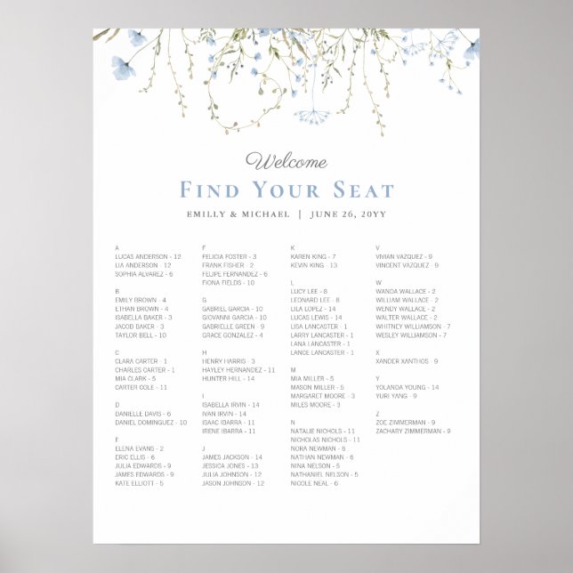Blue Wildflower Periwinkle Wedding Seating Chart (Front)