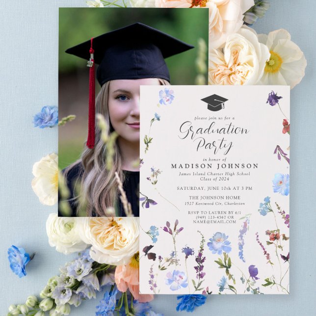 Blue Wildflower Photo High School Graduation Party Invitation (Bloom into a Grad - Celebrate in Style 🌸)