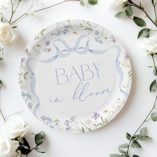 Blue Wildflower ribbon Bow baby shower Paper Plate (Creator Uploaded)