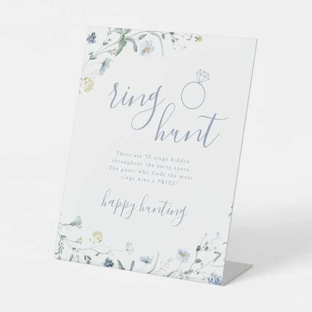 Blue Wildflower ring hunt boho bridal shower game Pedestal Sign (Front)