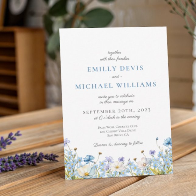 Blue Wildflower Romantic Wedding Invitation (Creator Uploaded)