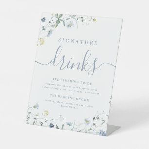 Blue Wildflower rustic Wedding Signature Drinks Pedestal Sign