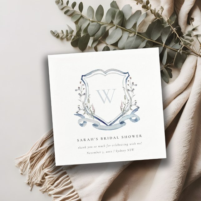 Blue Wildflower Watercolor Crest Bridal Shower Napkin (Creator Uploaded)