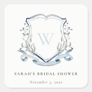 Blue Wildflower Watercolor Crest Bridal Shower Square Sticker