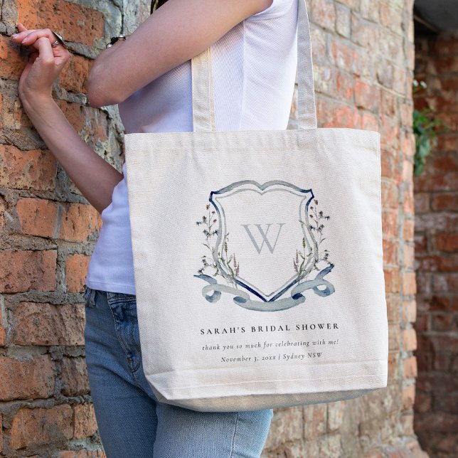 Blue Wildflower Watercolor Crest Bridal Shower Tote Bag (Creator Uploaded)