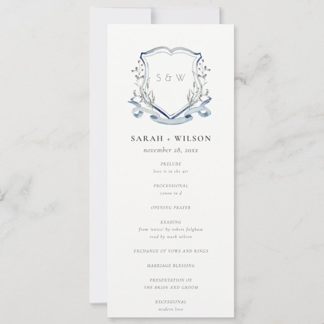 Blue Wildflower Watercolor Crest Wedding Program Invitation (Front)