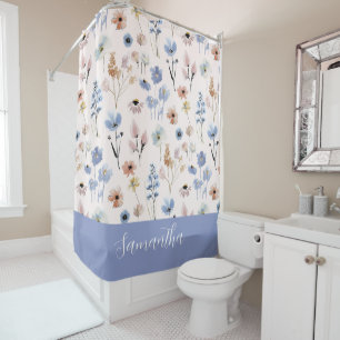 Blue Wildflower Watercolor Custom Name Shower Curtain