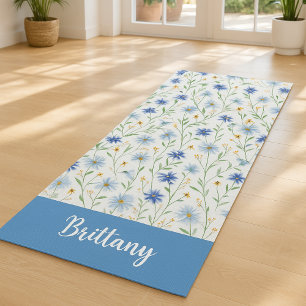 Blue Wildflower Watercolor Custom Name Yoga Mat