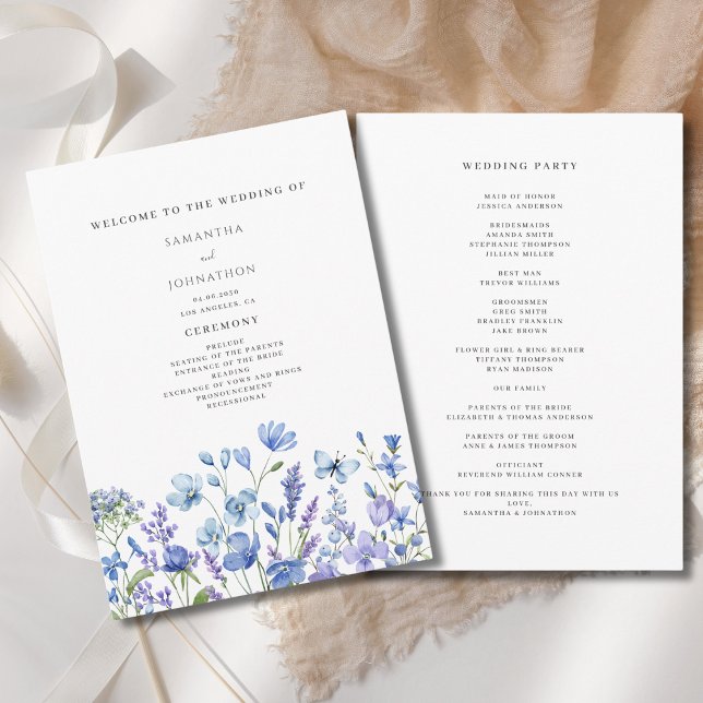 Blue Wildflower Watercolor Floral Wedding  Programme (Creator Uploaded)
