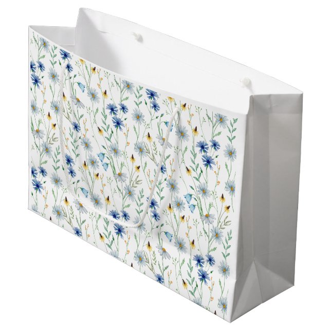 Blue Wildflower Watercolor Large Gift Bag (Front Angled)