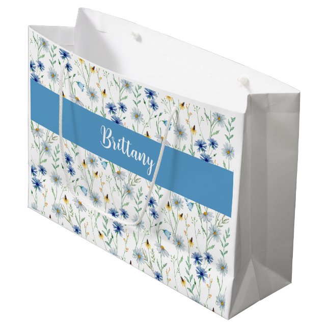 Blue Wildflower Watercolor Monogram Name Large Gift Bag (Front Angled)