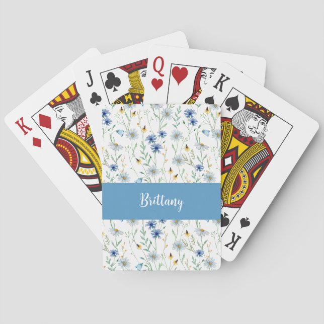 Blue Wildflower Watercolor Monogram Name Playing Cards (Back)