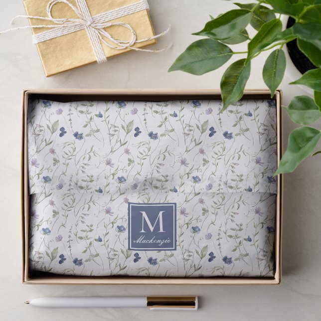 Blue Wildflower Watercolor Monogram Name Tissue Paper (Gift)