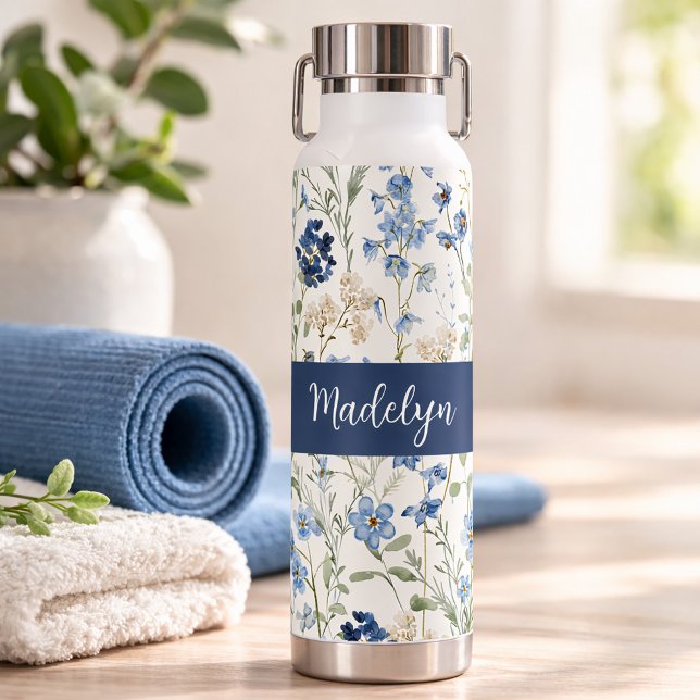 Blue Wildflower Watercolor Monogram Name Water Bottle (Creator Uploaded)