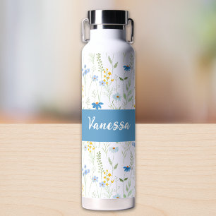 Blue Wildflower Watercolor Monogram Name Water Bottle