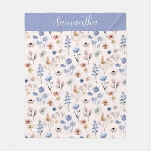 Blue Wildflower Watercolor Name Fleece Blanket