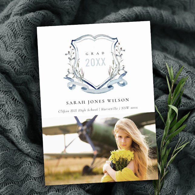 Blue Wildflower Watercolor Photo Crest Graduation Announcement (Creator Uploaded)