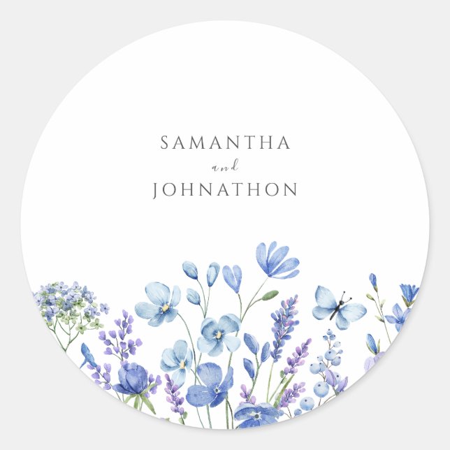 Blue Wildflower Watercolor Wedding  Classic Round Sticker (Front)