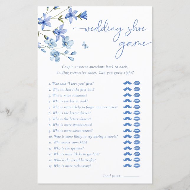 Blue Wildflower Wedding Shoe Bridal Shower Game (Front)