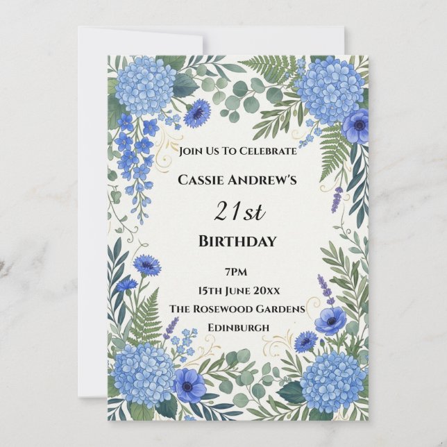 Blue Wildflower Wreath 21st Birthday Invitation (Front)