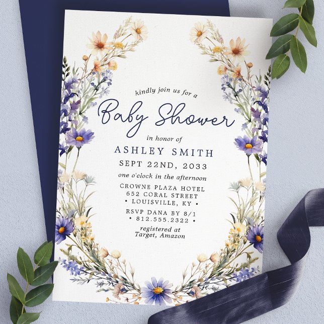 Blue Wildflower Wreath Watercolor Baby Shower Invitation (Creator Uploaded)