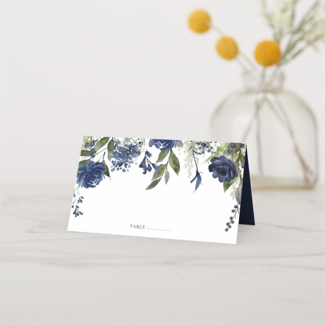 Blue Wildflowers and Greenery Wedding Place Card (Front)