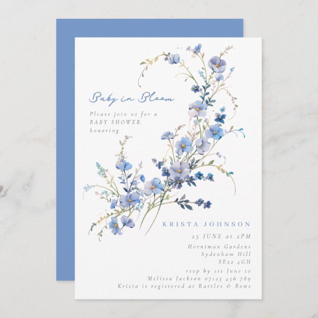 Blue Wildflowers Baby in  Bloom Baby Shower Invitation (Front/Back)