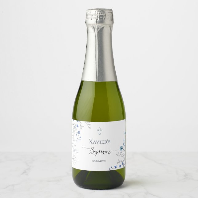 blue wildflowers Baptism Sparkling Wine Label (Front)