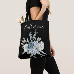 Blue wildflowers Boho Script Personalised Name Tote Bag
