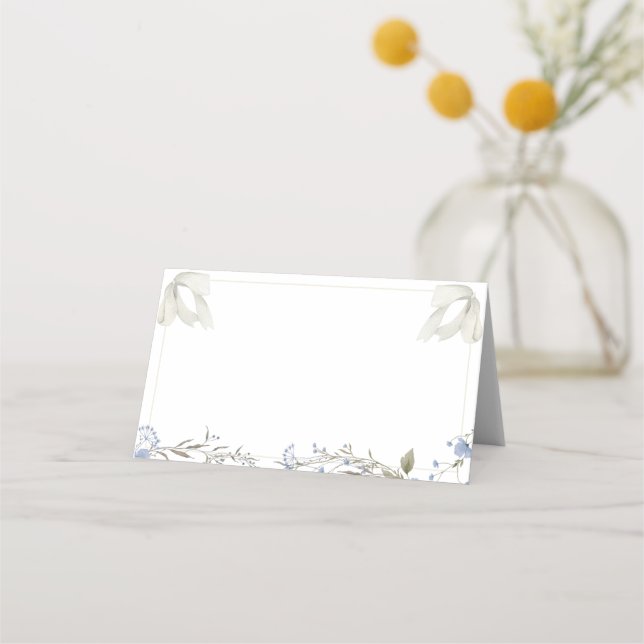 Blue Wildflowers Coquette Bow Food Label or Place Card (Front)