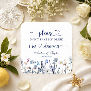 Blue Wildflowers Don't Take My Drink Wedding Square Paper Coaster
