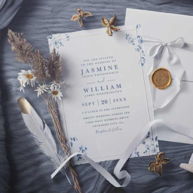 Blue Wildflowers Elegant Modern Chic Wedding Invitation (Creator Uploaded)