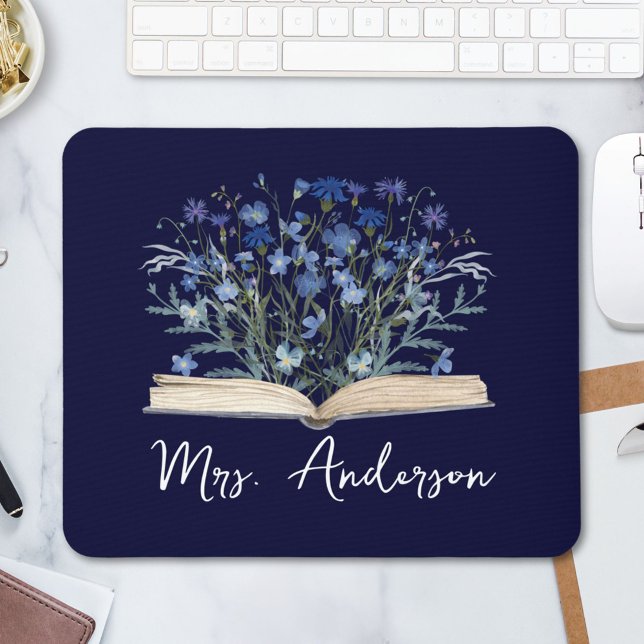Blue Wildflowers Grow From Book Teacher Mouse Mat (In situ)