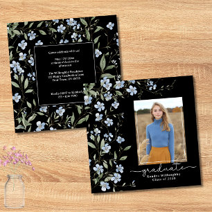 Blue Wildflowers on Black, Square Photo Graduation Invitation