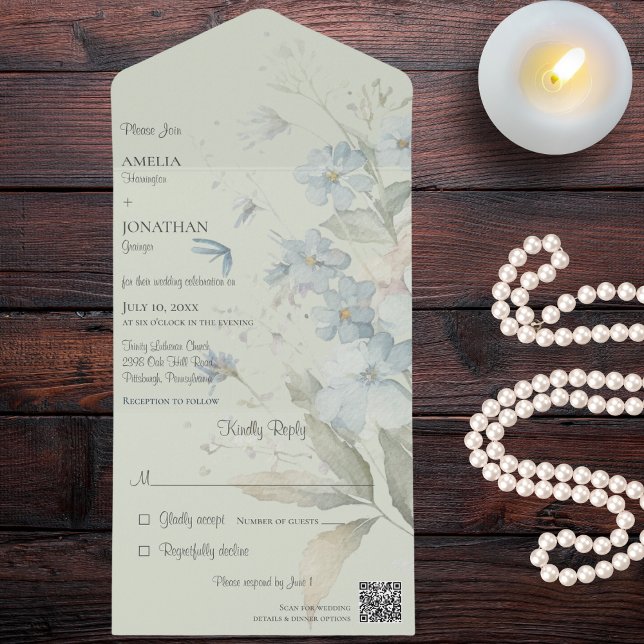 Blue Wildflowers on Sage Green QR Code  All In One Invitation (Also available without QR code. )