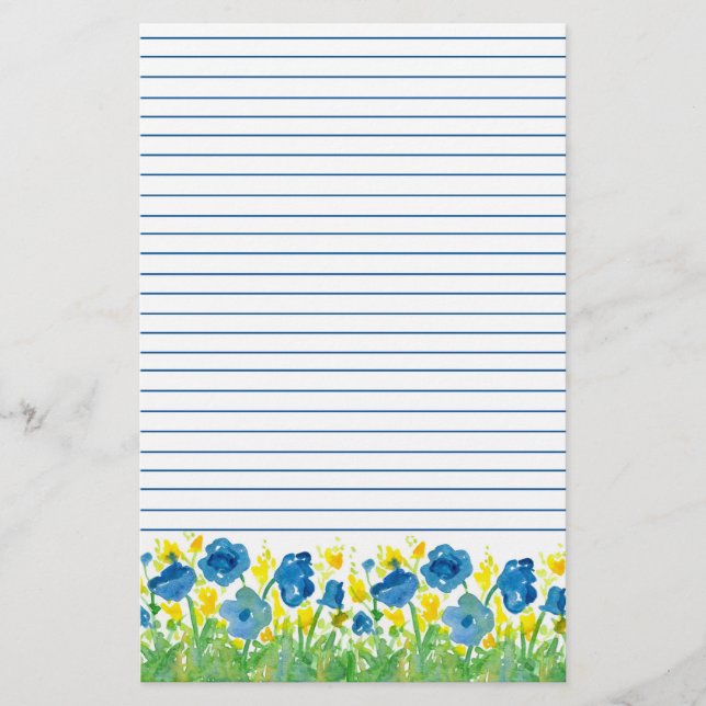 Blue Wildflowers Royal Poppies Lined Stationery (Front)