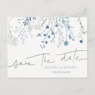 blue wildflowers   save the date announcement postcard