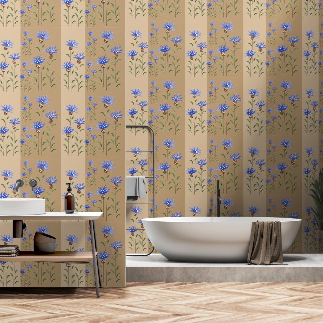 Blue Wildflowers Watercolor Art Wallpaper (Bathroom)