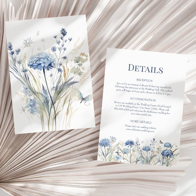 Blue Wildflowers Wedding Details Enclosure Card (Blue Wildflowers Wedding Details Enclosure Card on a sunny dry palm leaf.)