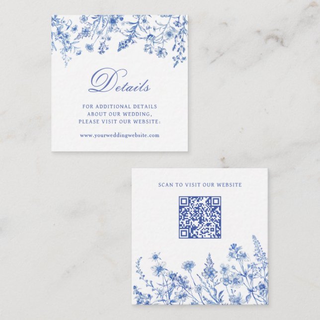Blue Wildflowers Wedding Details Website QR Code Enclosure Card (Front/Back)