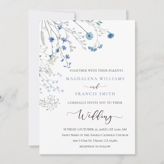 blue wildflowers wedding invitation (Front)