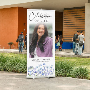 Blue Wildlfower Photo Memorial Funeral Tribute Retractable Banner