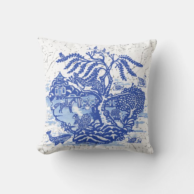 Blue Willow Animal Pagoda Garden Scene Chinoiserie Cushion (Front)