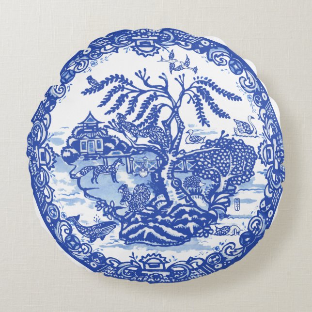 Blue Willow Animal Pagoda Garden Scene Chinoiserie Round Cushion (Front)