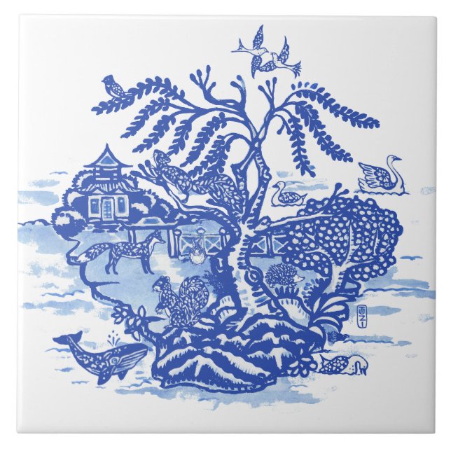 Blue Willow Animal Pagoda Garden Scene Chinoiserie Tile (Front)