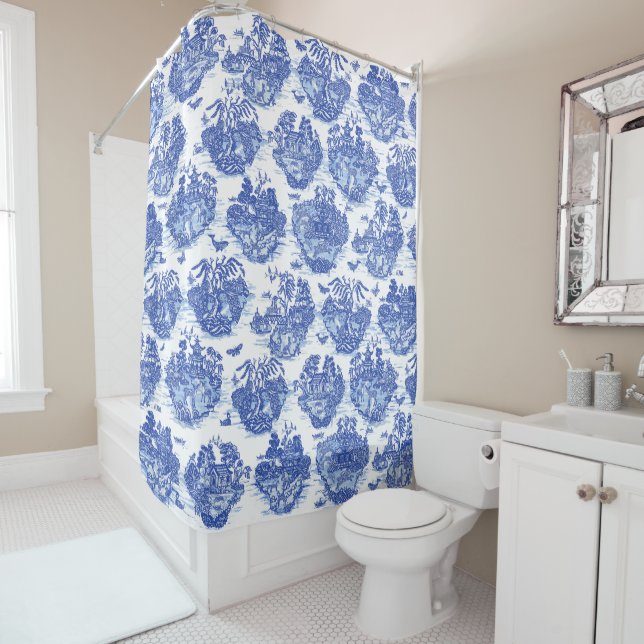 Blue Willow Animal Rabbit Deer Fox Bird Toile Art Shower Curtain (In Situ)